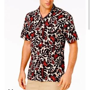 Tommy Bahama Floral Silk Blend Short Sleeve Collared Shirt Large Black Red Cream